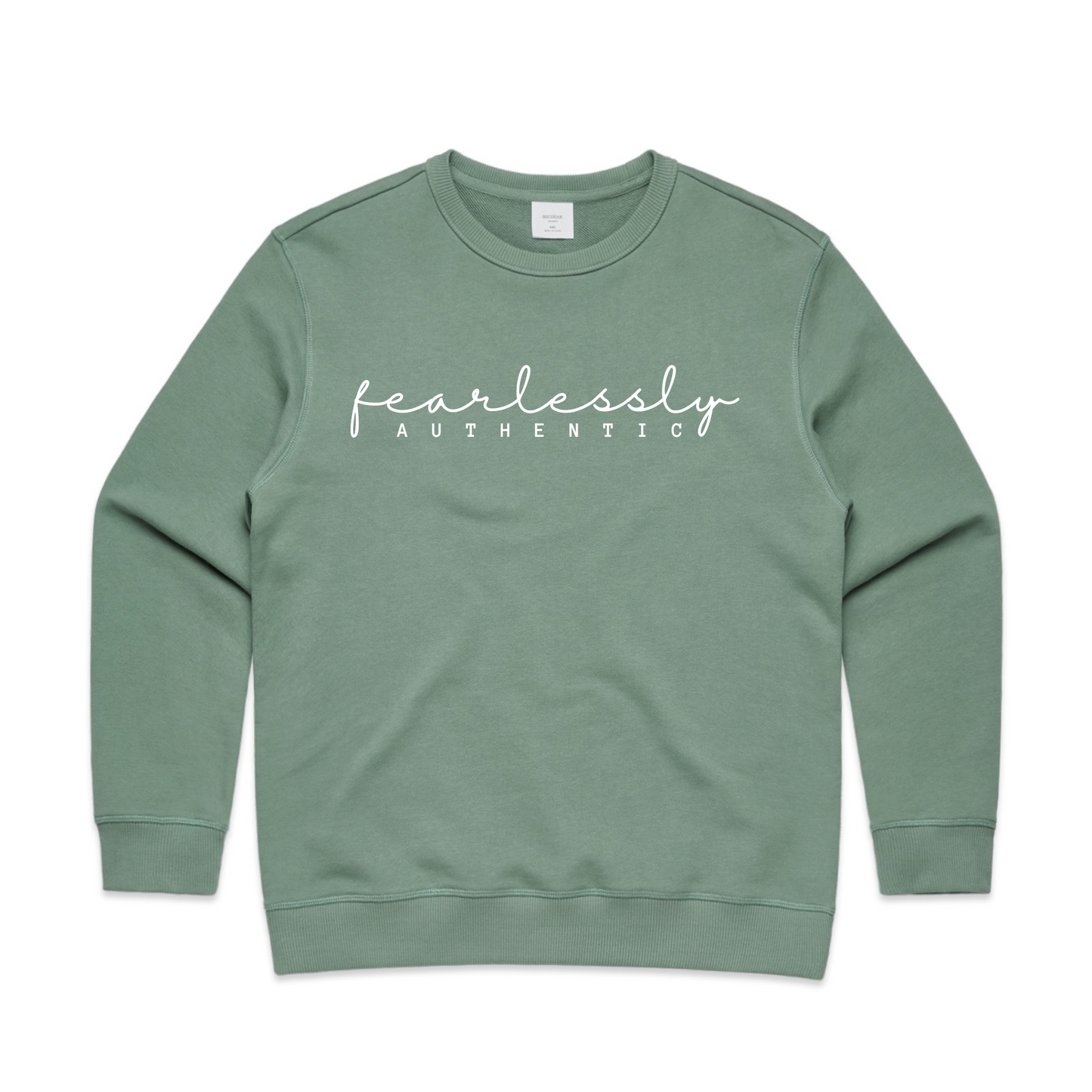 Fearlessly Authentic in white text on a sage green crew neck jumper