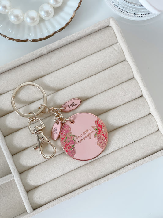 Pink and Gold You are Enough Circular Keyring. Trendy pretty accessory