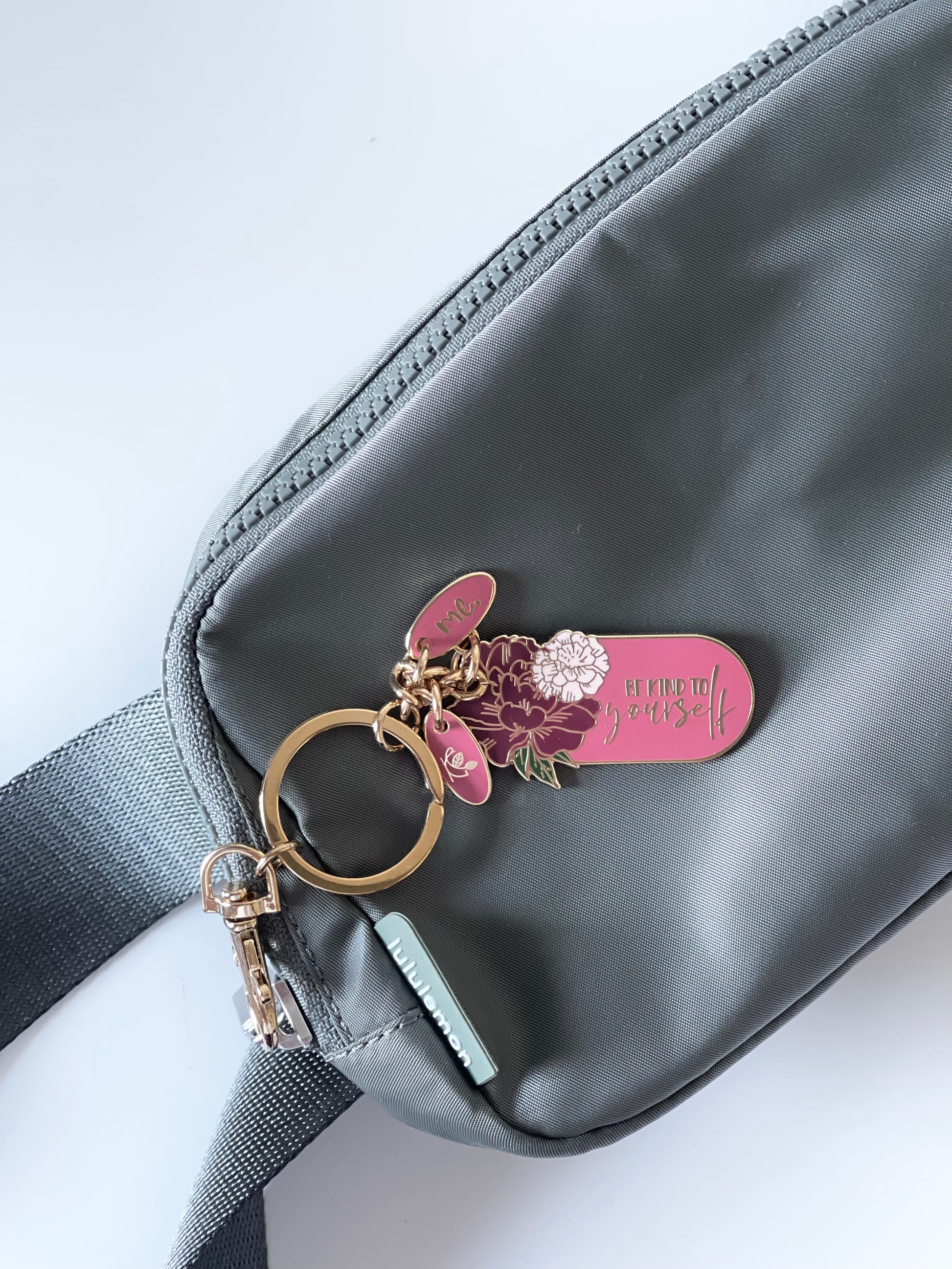 Empowering and positive keyrings with messages- Plum Pink Be Kind to Yourself Keyring with gold. Affordable and gorgeous