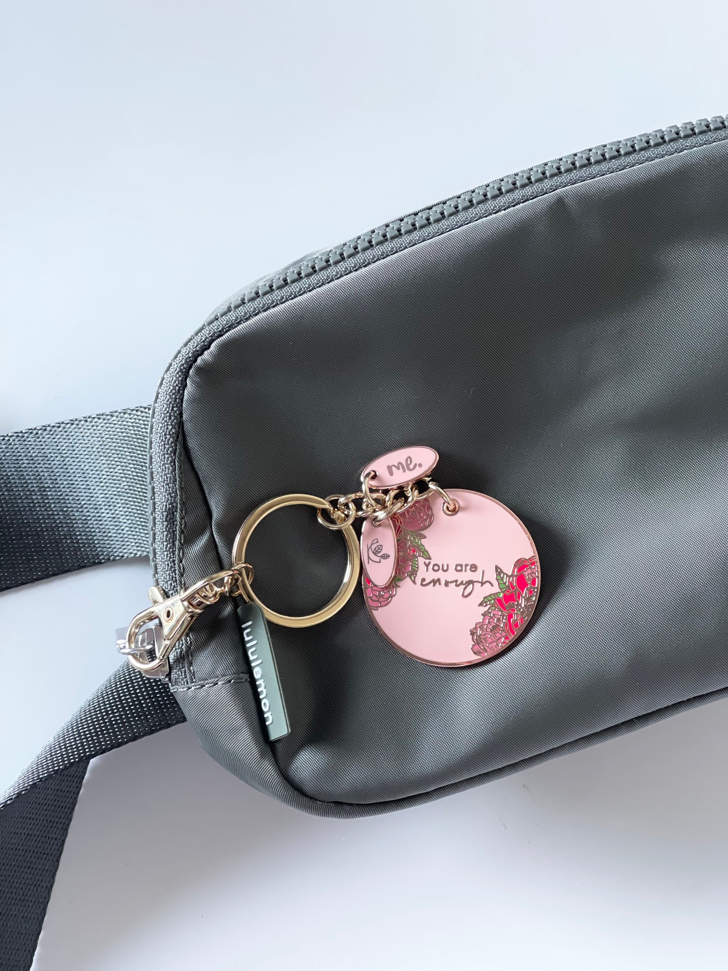 Pink and Gold You are Enough Circular Keyring. Trendy pretty accessory