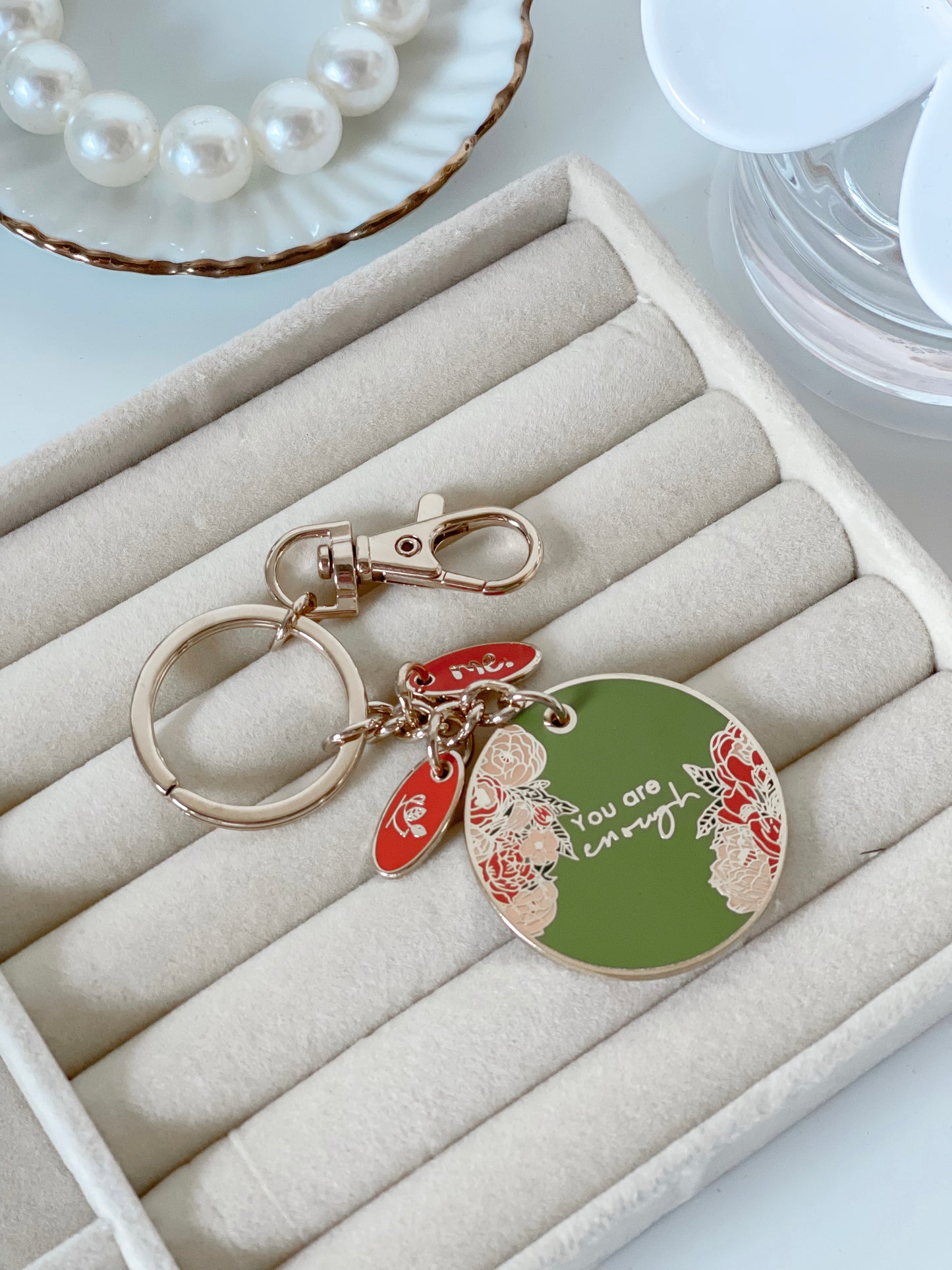 Green and Gold You are Enough Circular Keyring. Trendy pretty accessory