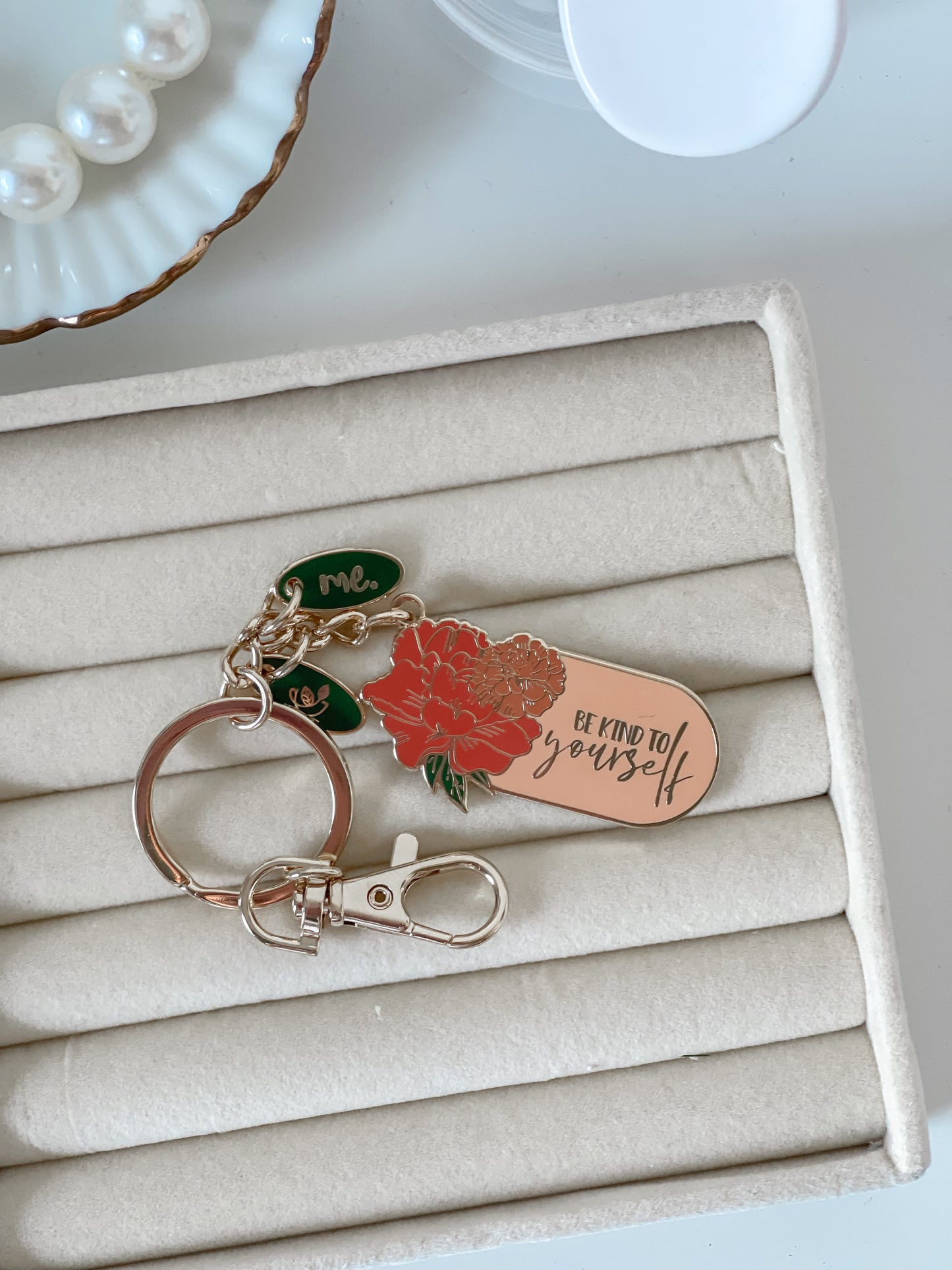 Empowering and positive keyrings with messages- Peach Be Kind to Yourself Keyring. Affordable and gorgeous