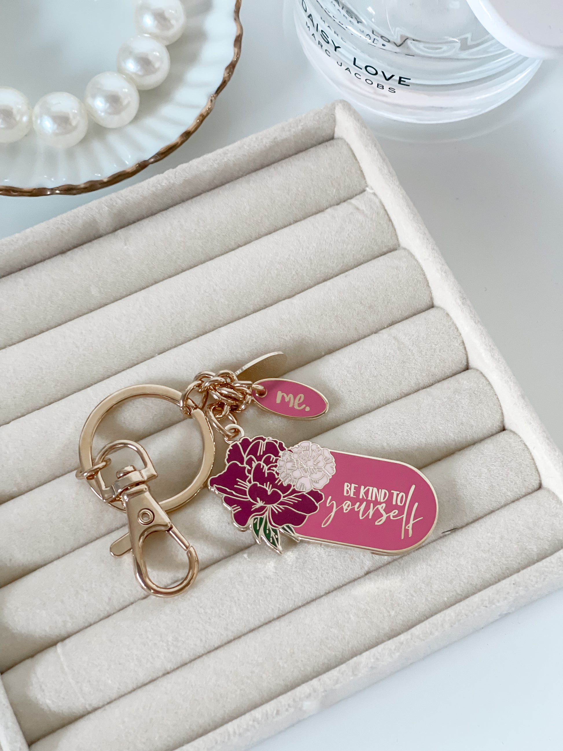 Empowering and positive keyrings with messages- Plum Pink Be Kind to Yourself Keyring with gold. Affordable and gorgeous