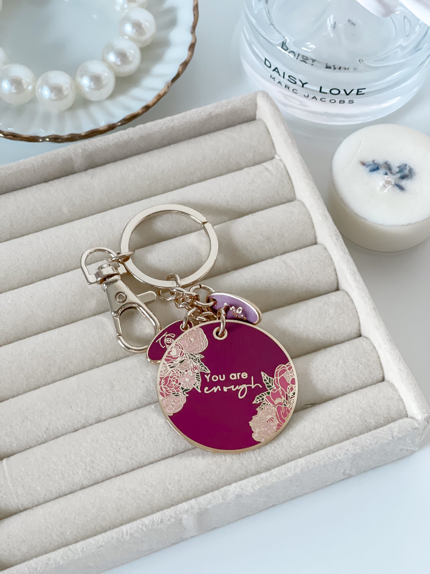 Burgundy and Gold You are Enough Circular Keyring. Trendy pretty accessory