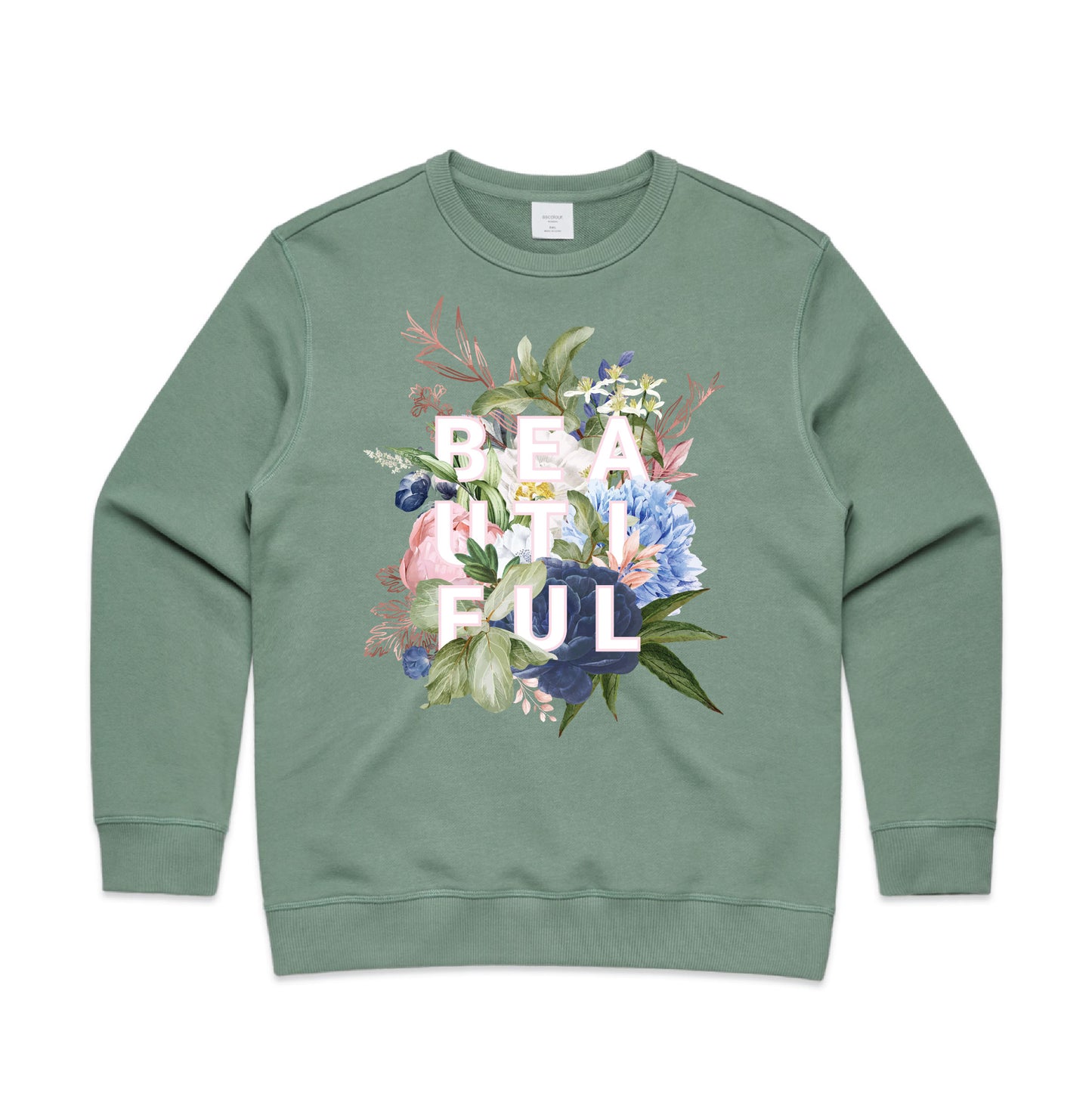BEAUTIFUL text with floral print crew neck jumper in sage green